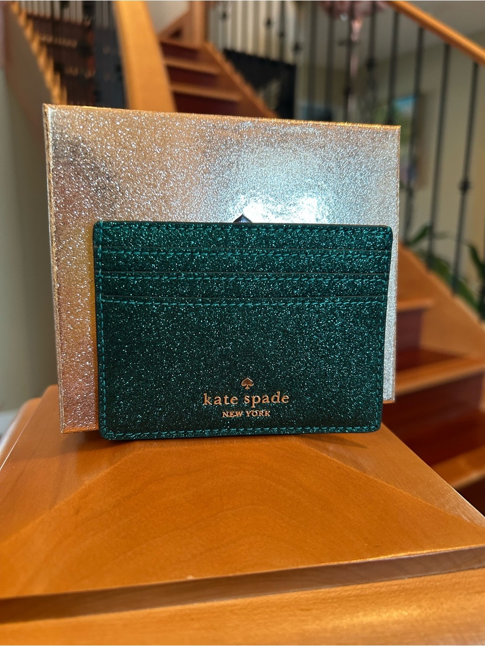 Kate Spade Emerald Glitter Slim Card Holder with Gold Logo